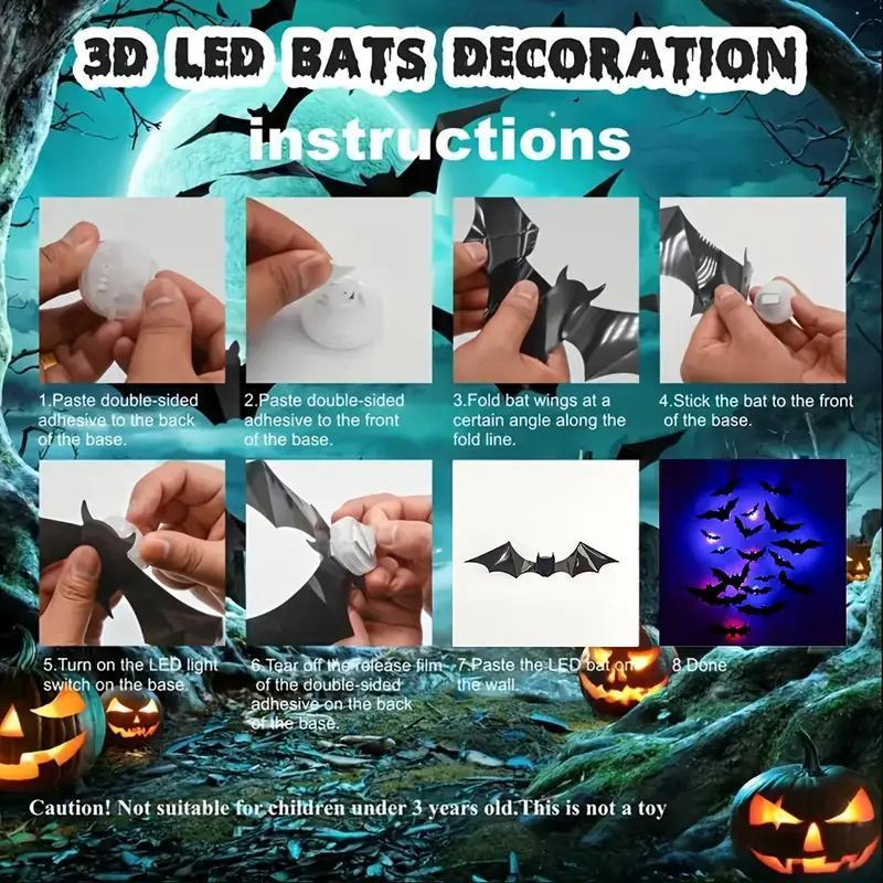 3D Bat Light Design LED Decorations 24pcs Set Spooky Ornaments for Home Party Festival Halloween Easy Install Wall Stickers Smooth Application - Decorative
