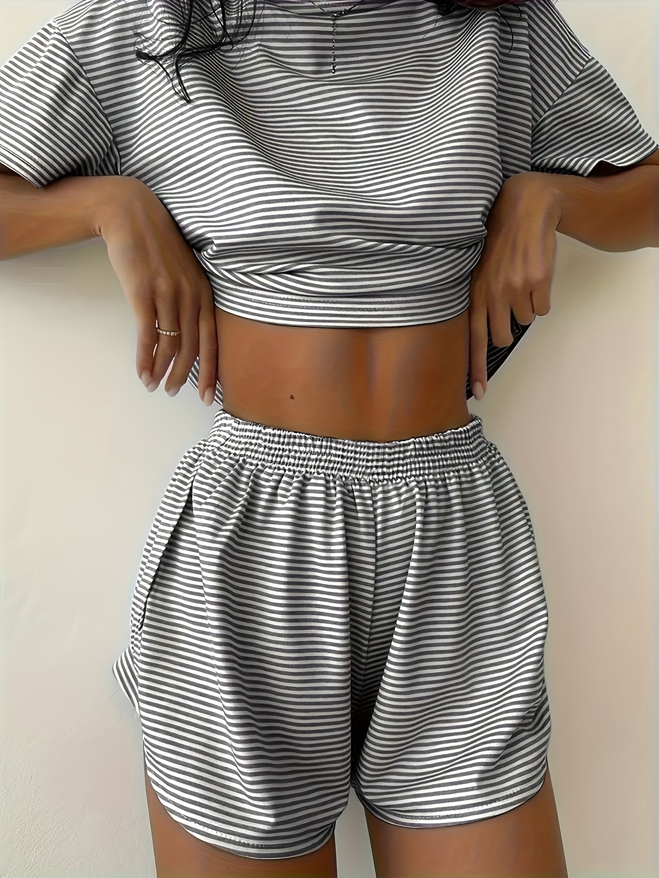 Two-Piece Set Women's Striped Print Drop Shoulder Tee & Wrap Split Shorts Pajamas Set, Comfy Short Sleeve T-shirt & Elastic Waist Shorts Pj Set, Back To School Wear Lounge Sets, Pajama Sets Women, Fall Clothes
