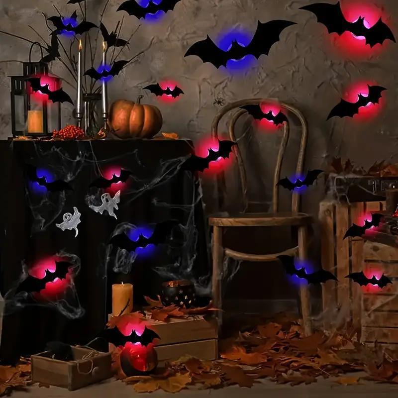 3D Bat Light Design LED Decorations 24pcs Set Spooky Ornaments for Home Party Festival Halloween Easy Install Wall Stickers Smooth Application - Decorative