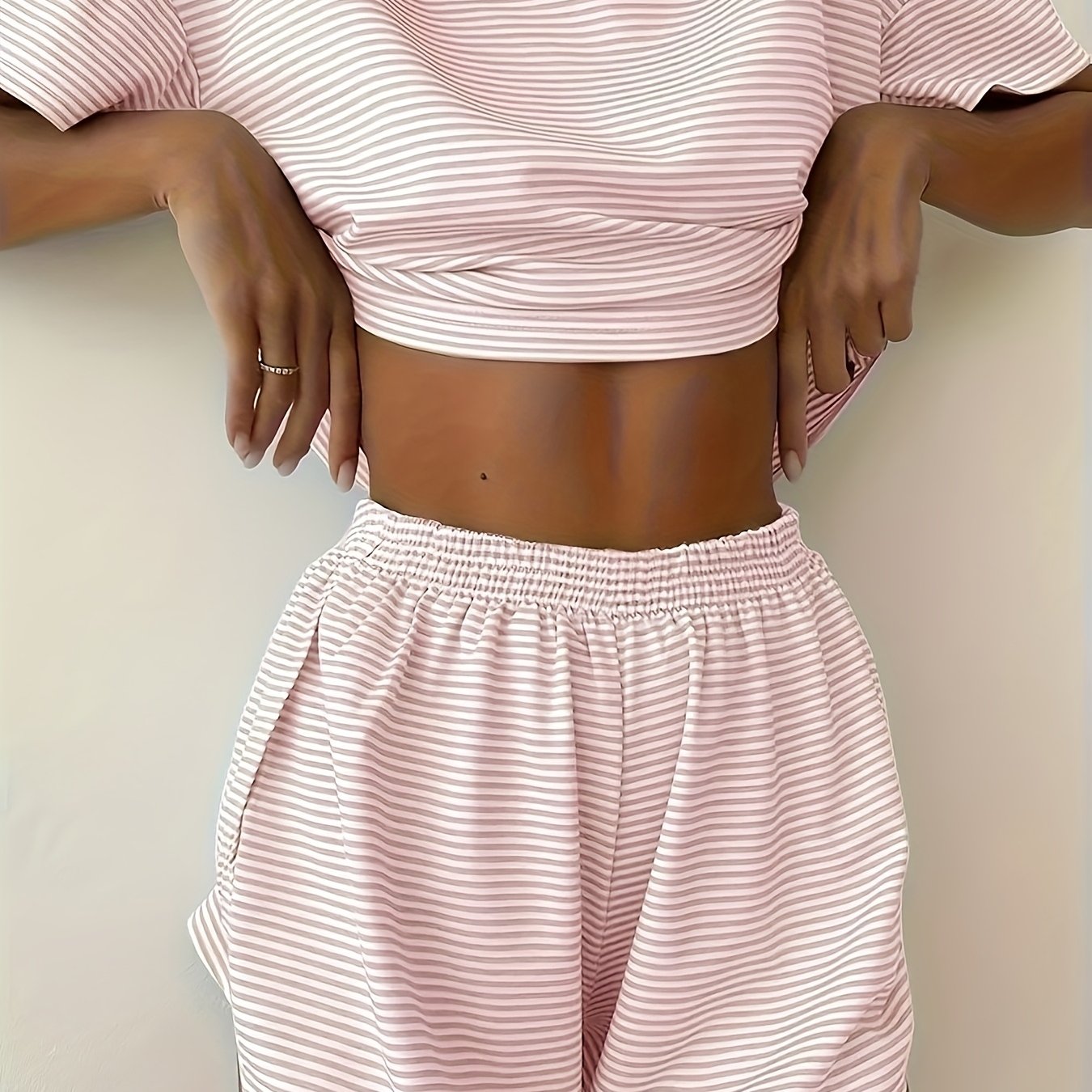 Two-Piece Set Women's Striped Print Drop Shoulder Tee & Wrap Split Shorts Pajamas Set, Comfy Short Sleeve T-shirt & Elastic Waist Shorts Pj Set, Back To School Wear Lounge Sets, Pajama Sets Women, Fall Clothes