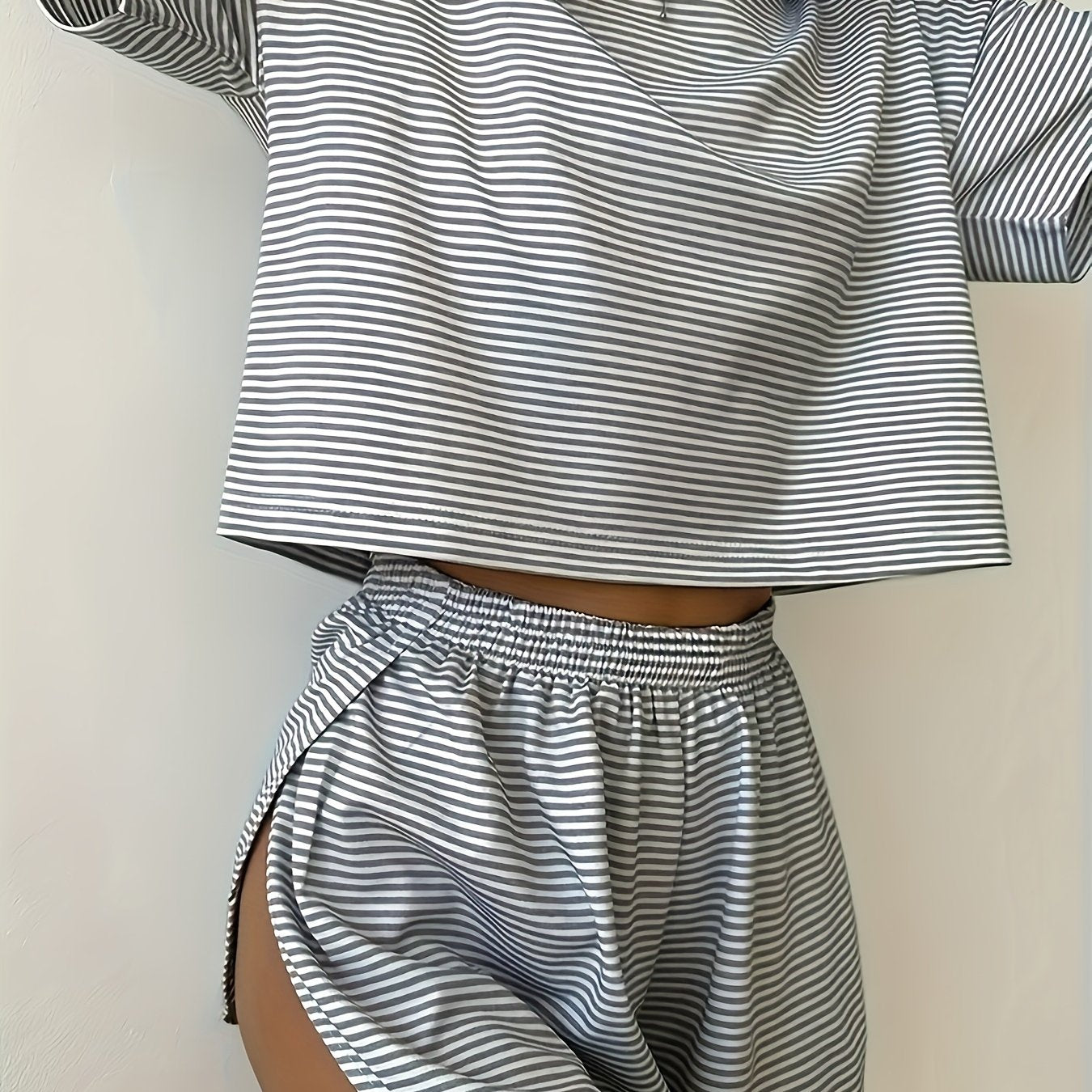 Two-Piece Set Women's Striped Print Drop Shoulder Tee & Wrap Split Shorts Pajamas Set, Comfy Short Sleeve T-shirt & Elastic Waist Shorts Pj Set, Back To School Wear Lounge Sets, Pajama Sets Women, Fall Clothes