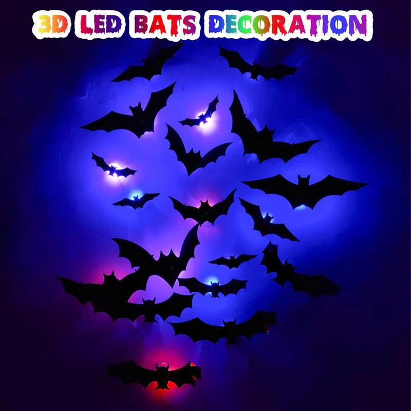 3D Bat Light Design LED Decorations 24pcs Set Spooky Ornaments for Home Party Festival Halloween Easy Install Wall Stickers Smooth Application - Decorative