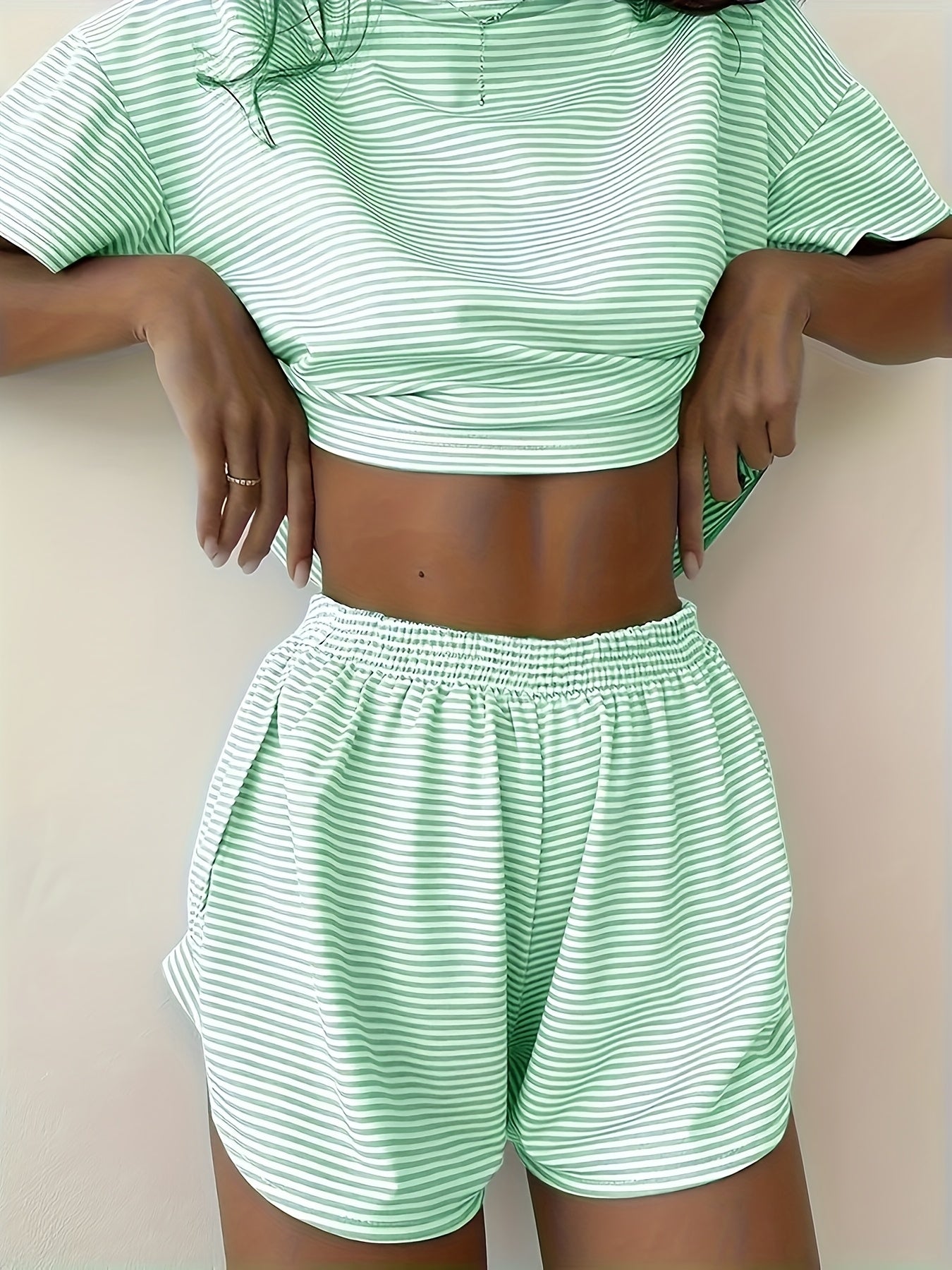 Two-Piece Set Women's Striped Print Drop Shoulder Tee & Wrap Split Shorts Pajamas Set, Comfy Short Sleeve T-shirt & Elastic Waist Shorts Pj Set, Back To School Wear Lounge Sets, Pajama Sets Women, Fall Clothes