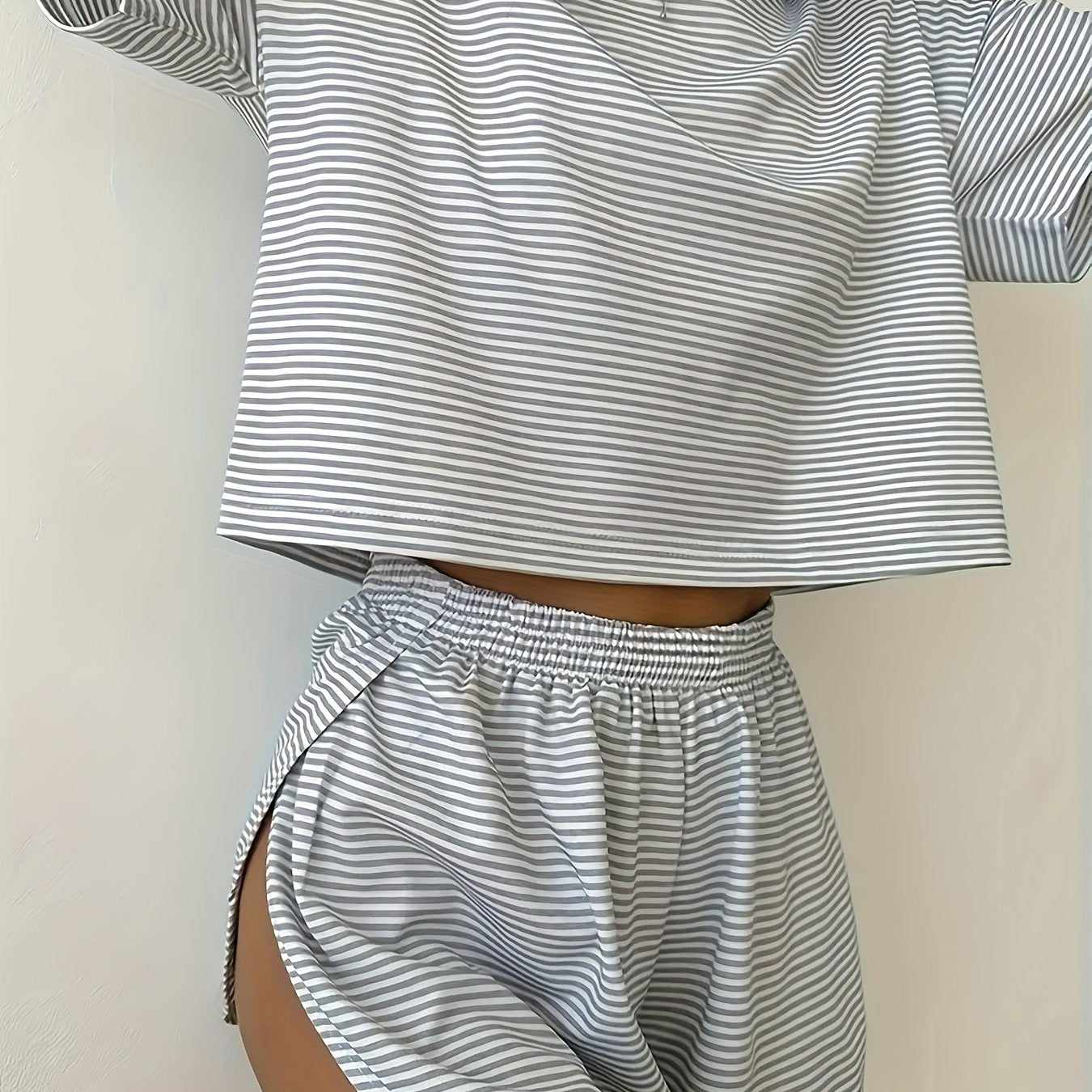 Two-Piece Set Women's Striped Print Drop Shoulder Tee & Wrap Split Shorts Pajamas Set, Comfy Short Sleeve T-shirt & Elastic Waist Shorts Pj Set, Back To School Wear Lounge Sets, Pajama Sets Women, Fall Clothes