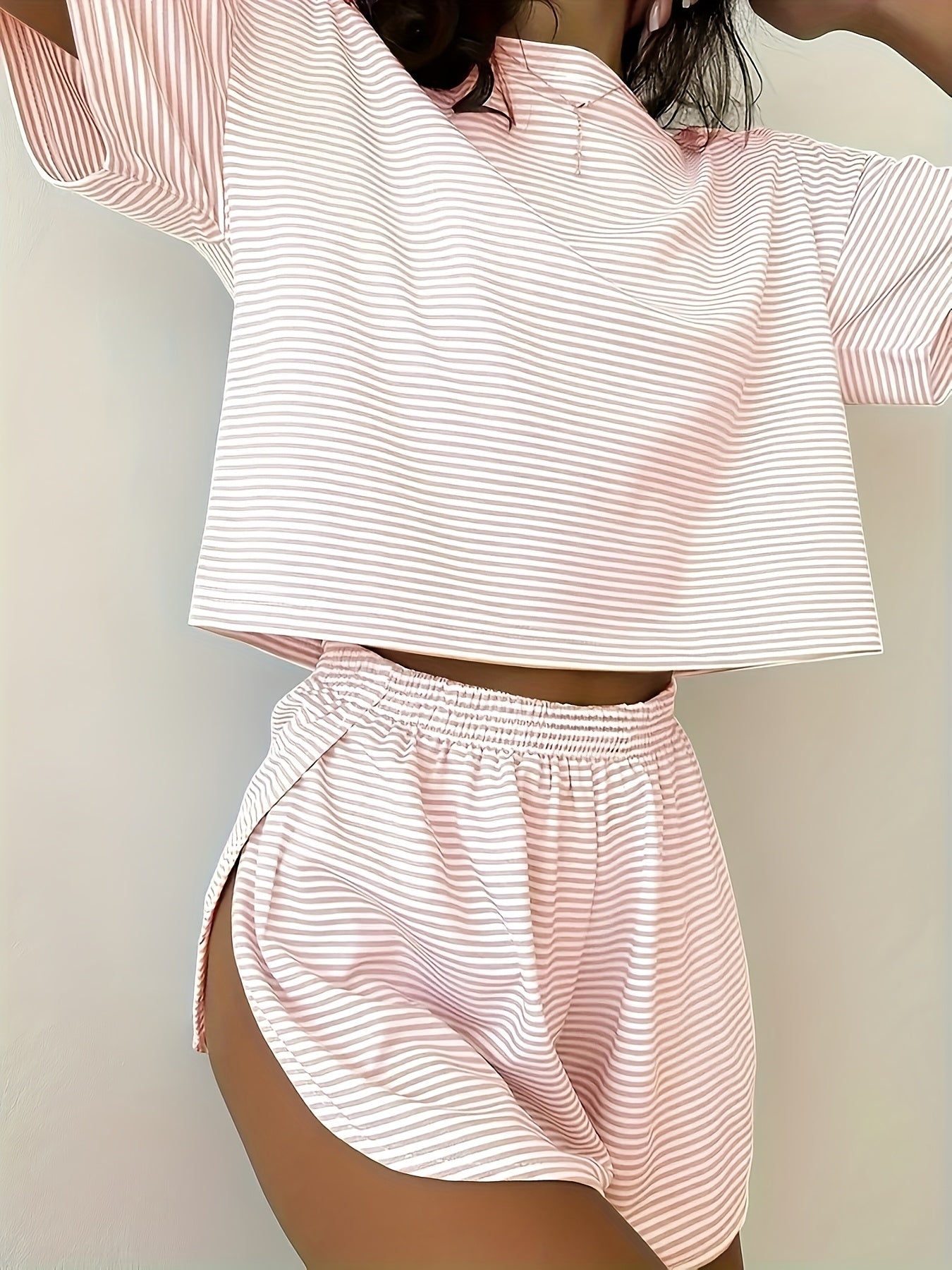 Two-Piece Set Women's Striped Print Drop Shoulder Tee & Wrap Split Shorts Pajamas Set, Comfy Short Sleeve T-shirt & Elastic Waist Shorts Pj Set, Back To School Wear Lounge Sets, Pajama Sets Women, Fall Clothes