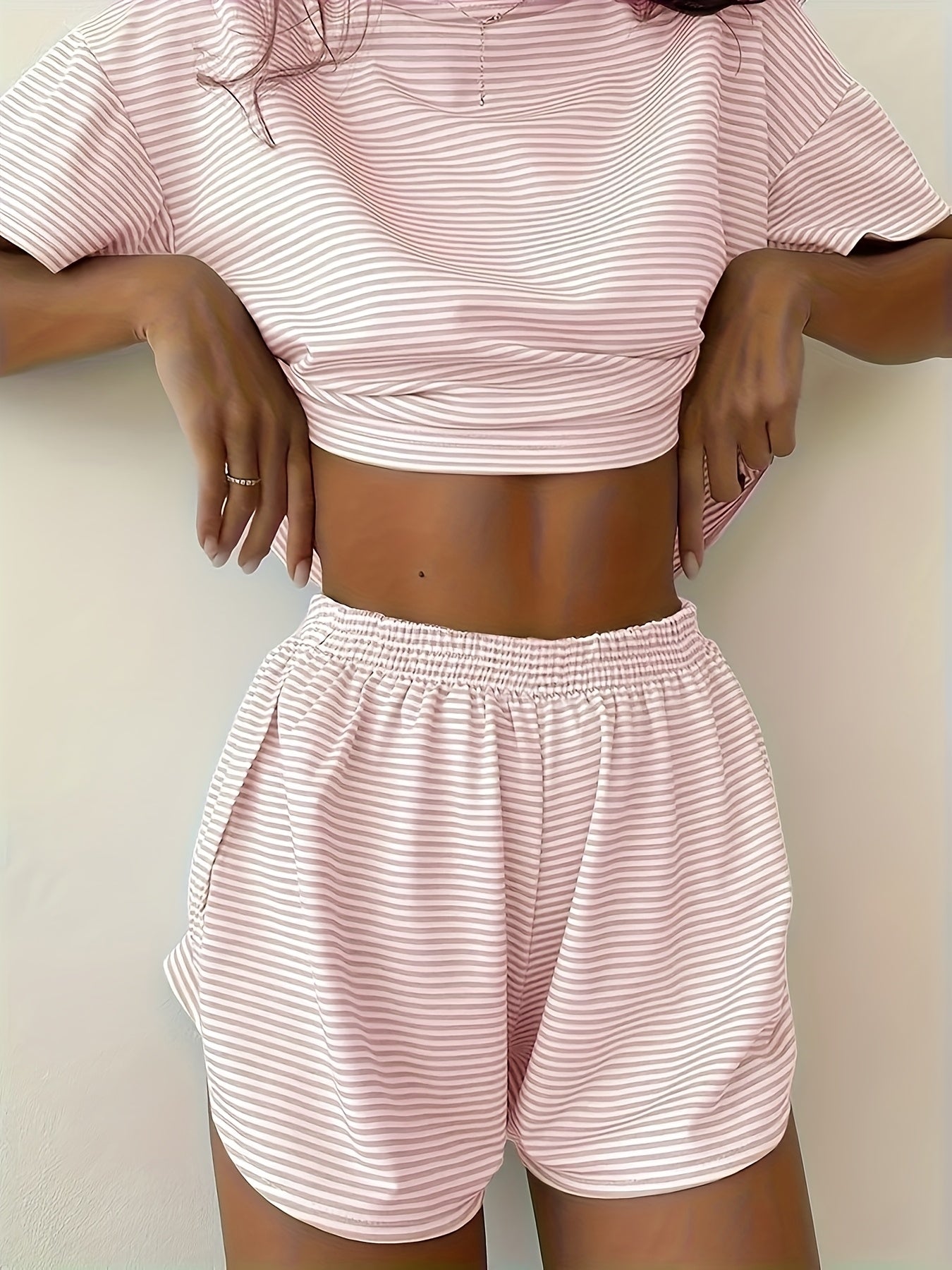 Two-Piece Set Women's Striped Print Drop Shoulder Tee & Wrap Split Shorts Pajamas Set, Comfy Short Sleeve T-shirt & Elastic Waist Shorts Pj Set, Back To School Wear Lounge Sets, Pajama Sets Women, Fall Clothes