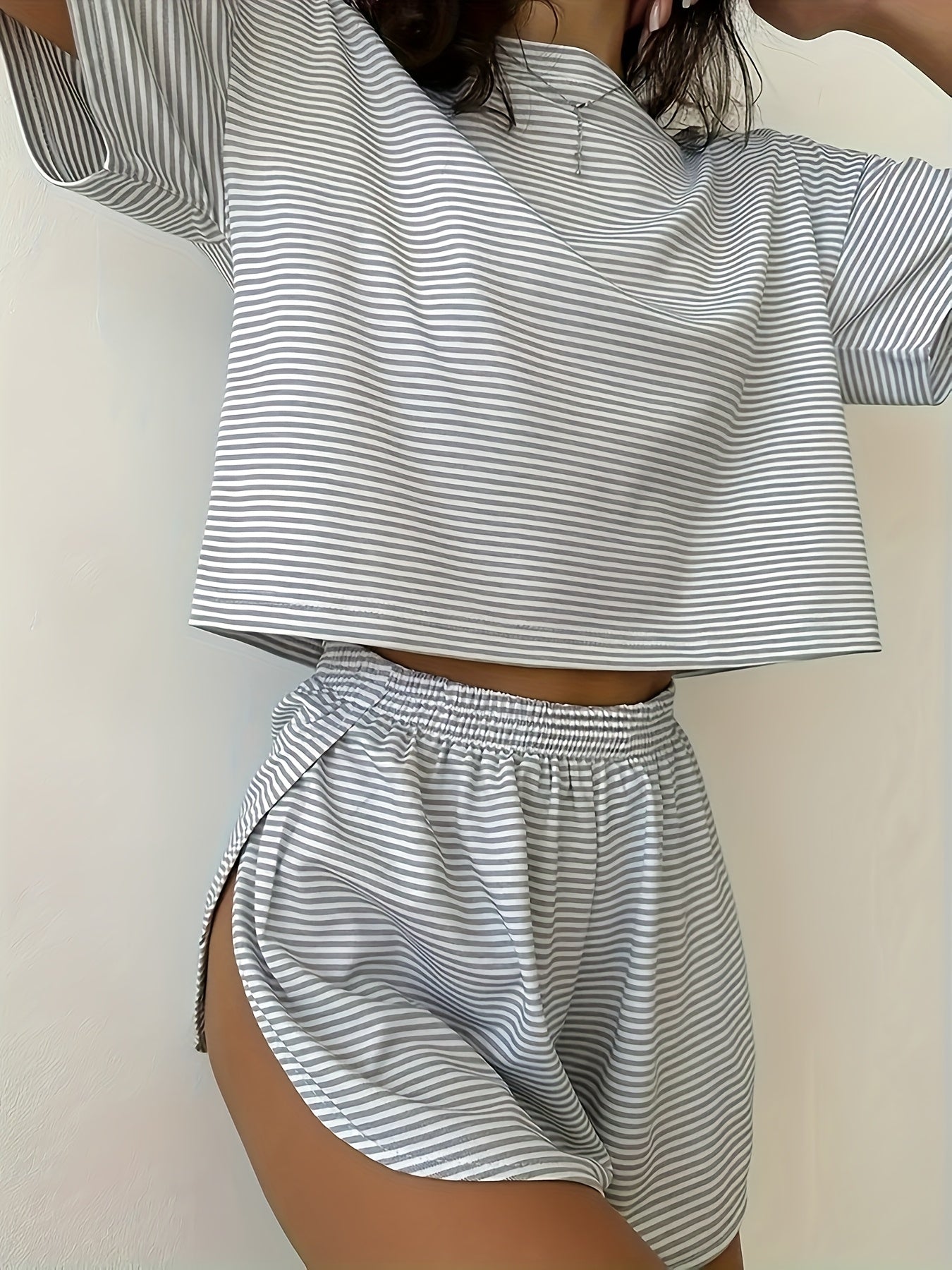Two-Piece Set Women's Striped Print Drop Shoulder Tee & Wrap Split Shorts Pajamas Set, Comfy Short Sleeve T-shirt & Elastic Waist Shorts Pj Set, Back To School Wear Lounge Sets, Pajama Sets Women, Fall Clothes
