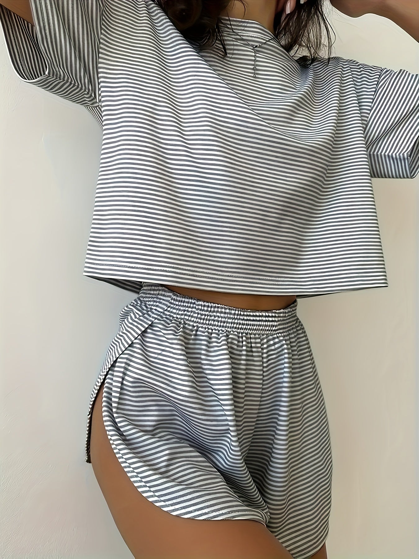 Two-Piece Set Women's Striped Print Drop Shoulder Tee & Wrap Split Shorts Pajamas Set, Comfy Short Sleeve T-shirt & Elastic Waist Shorts Pj Set, Back To School Wear Lounge Sets, Pajama Sets Women, Fall Clothes