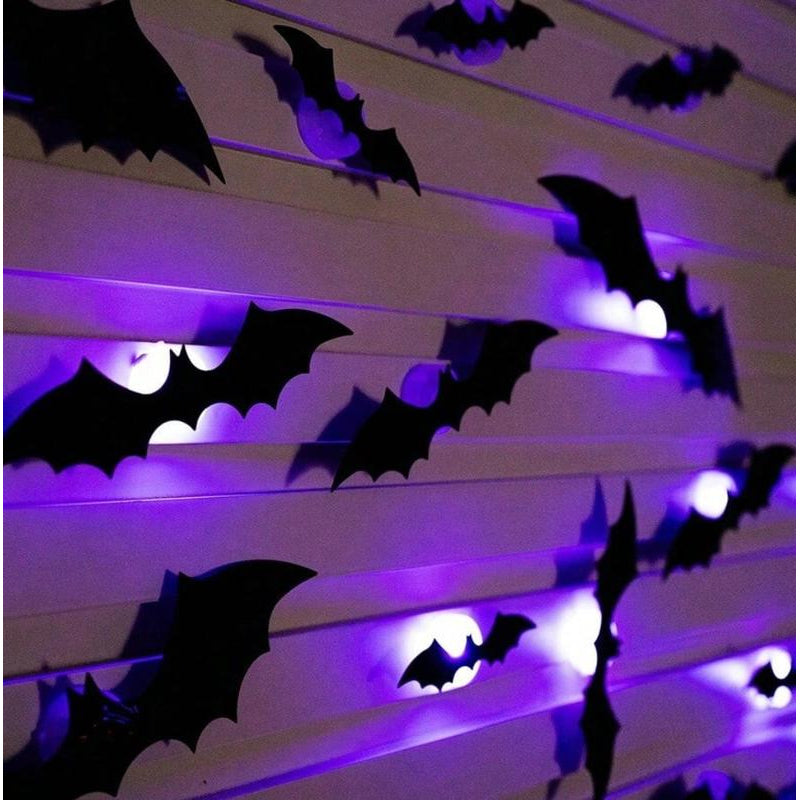 3D Bat Light Design LED Decorations 24pcs Set Spooky Ornaments for Home Party Festival Halloween Easy Install Wall Stickers Smooth Application - Decorative