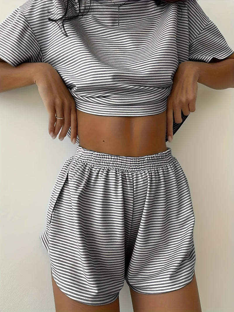 Two-Piece Set Women's Striped Print Drop Shoulder Tee & Wrap Split Shorts Pajamas Set, Comfy Short Sleeve T-shirt & Elastic Waist Shorts Pj Set, Back To School Wear Lounge Sets, Pajama Sets Women, Fall Clothes