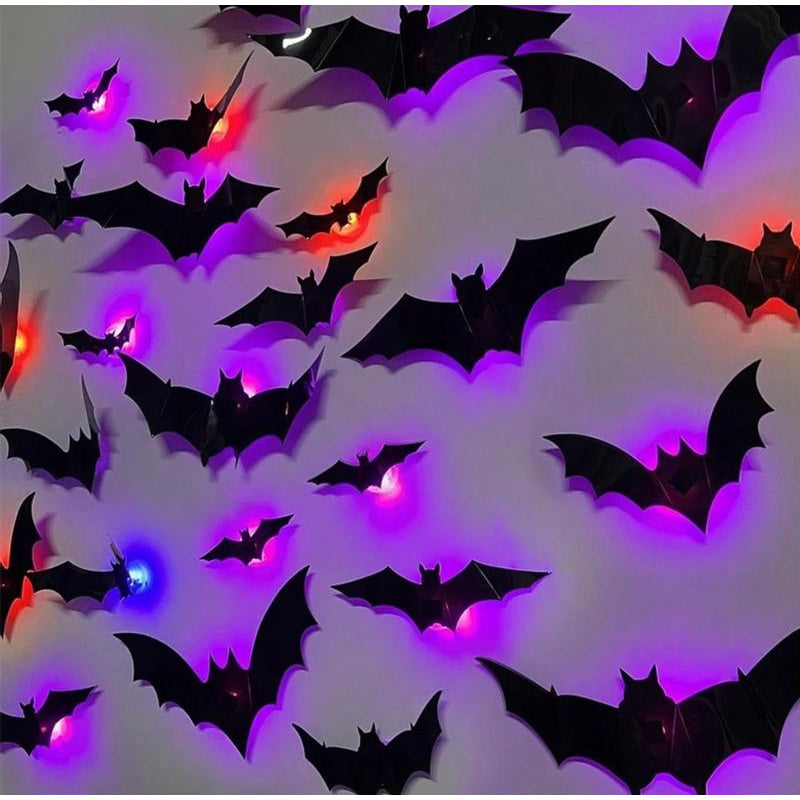 3D Bat Light Design LED Decorations 24pcs Set Spooky Ornaments for Home Party Festival Halloween Easy Install Wall Stickers Smooth Application - Decorative