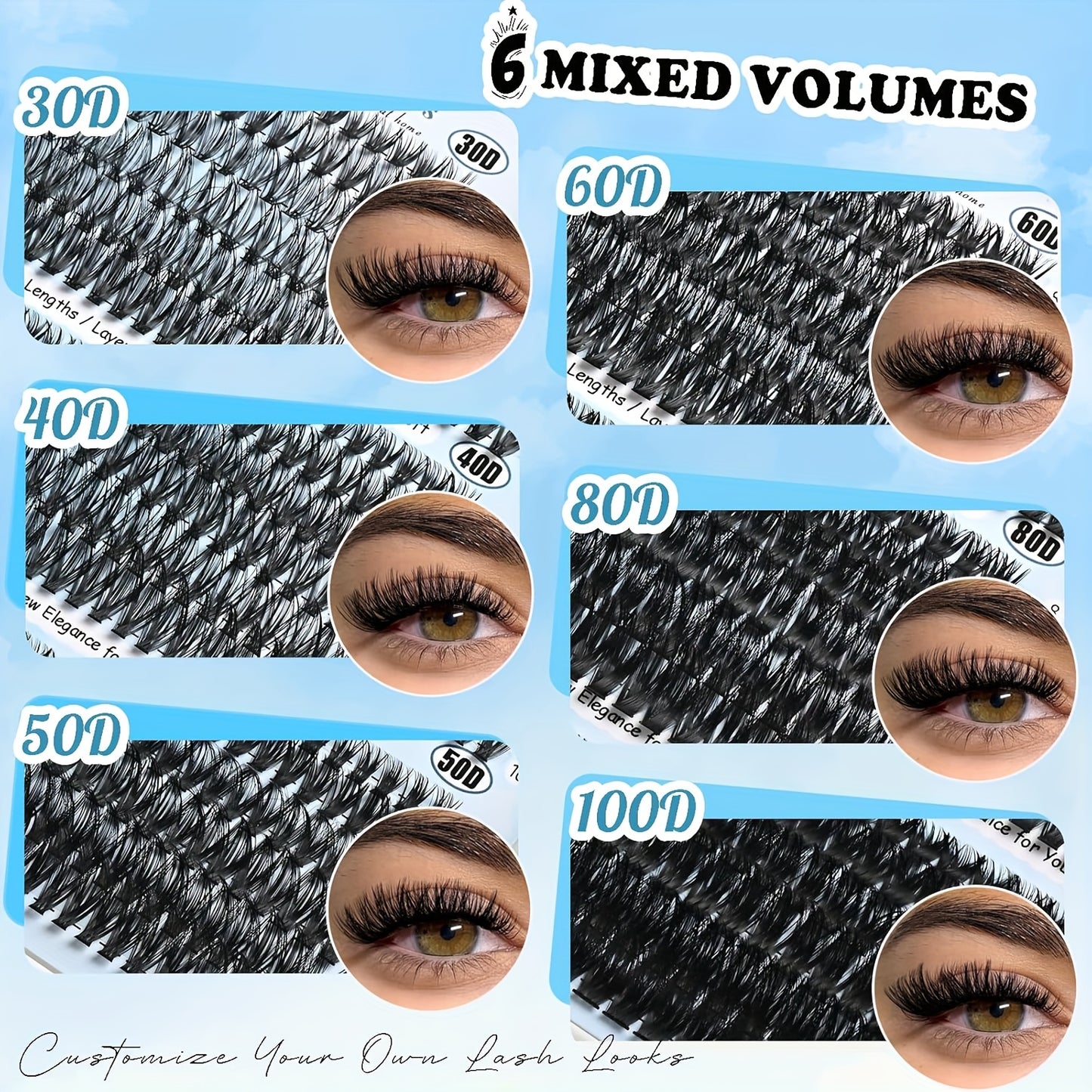 Clusters Lash Extension Kit 30D-100D Lash Clusters Kit 720pcs DIY Eyelash Extensions Kits C Curl Individual Wispy Lashes Cluster Natural Eye Lash Trays with Glue