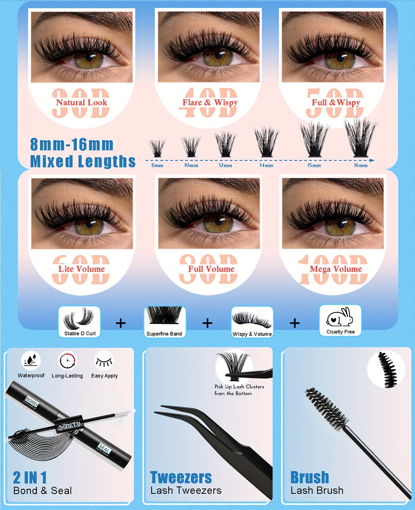 Clusters Lash Extension Kit 30D-100D Lash Clusters Kit 720pcs DIY Eyelash Extensions Kits C Curl Individual Wispy Lashes Cluster Natural Eye Lash Trays with Glue