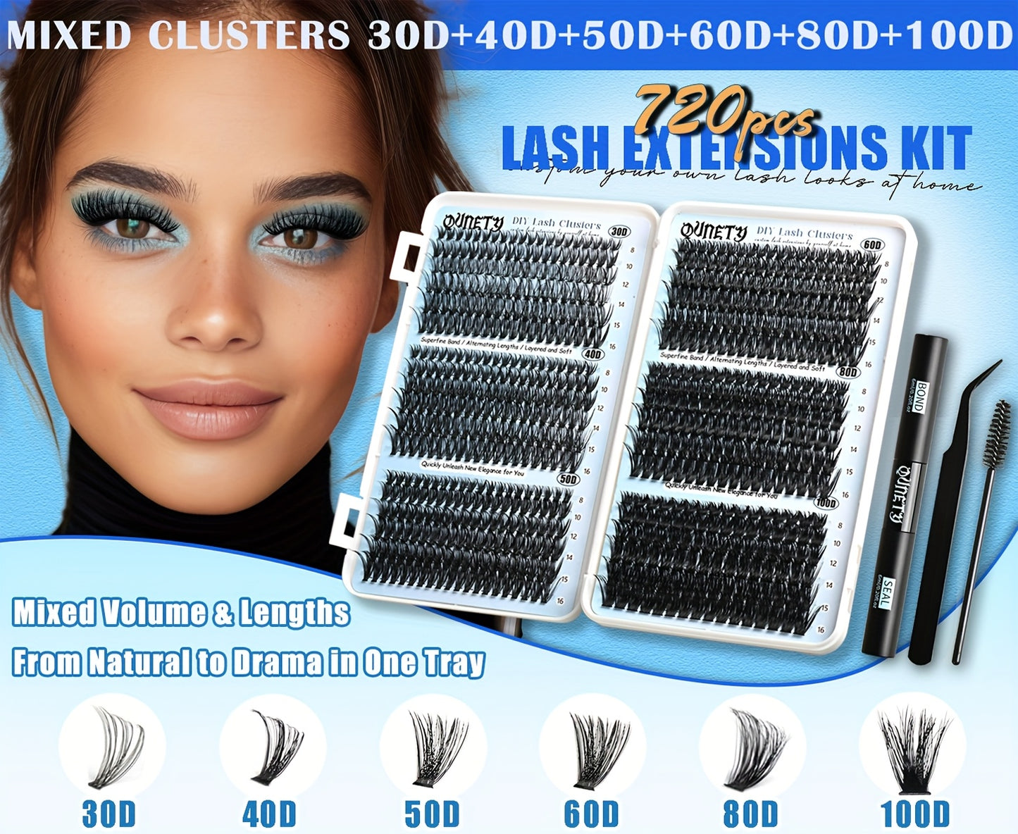 Clusters Lash Extension Kit 30D-100D Lash Clusters Kit 720pcs DIY Eyelash Extensions Kits C Curl Individual Wispy Lashes Cluster Natural Eye Lash Trays with Glue