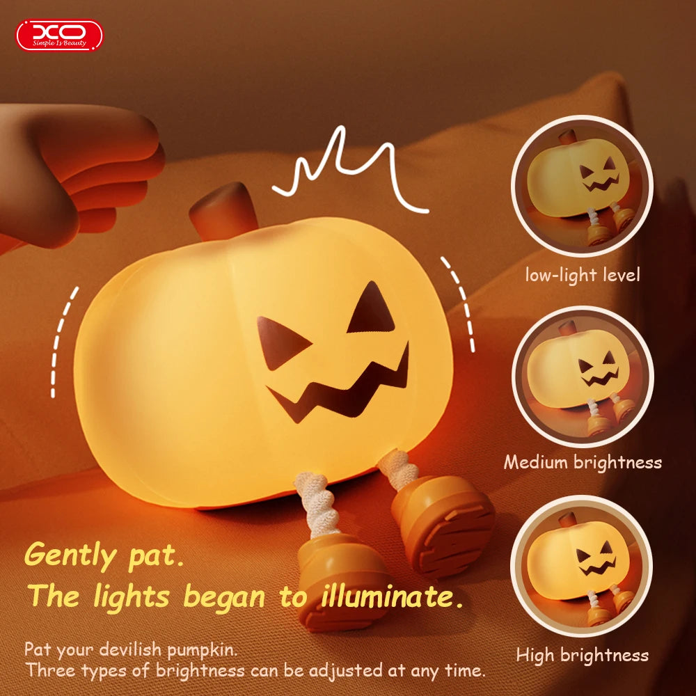Halloween Pumpkin Night Light, Halloween Decorations Outdoor,Mini LED Pumpkin Lamp with 3 Level Dimmable, Nursery Nightlight for Kids, Silicone Rechargeable Bedside Touch Lamp, for Kids