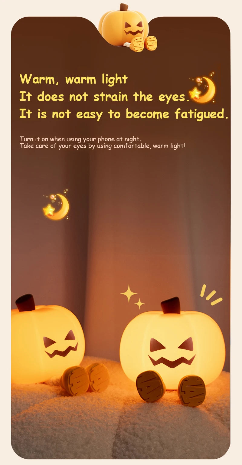 Halloween Pumpkin Night Light, Halloween Decorations Outdoor,Mini LED Pumpkin Lamp with 3 Level Dimmable, Nursery Nightlight for Kids, Silicone Rechargeable Bedside Touch Lamp, for Kids