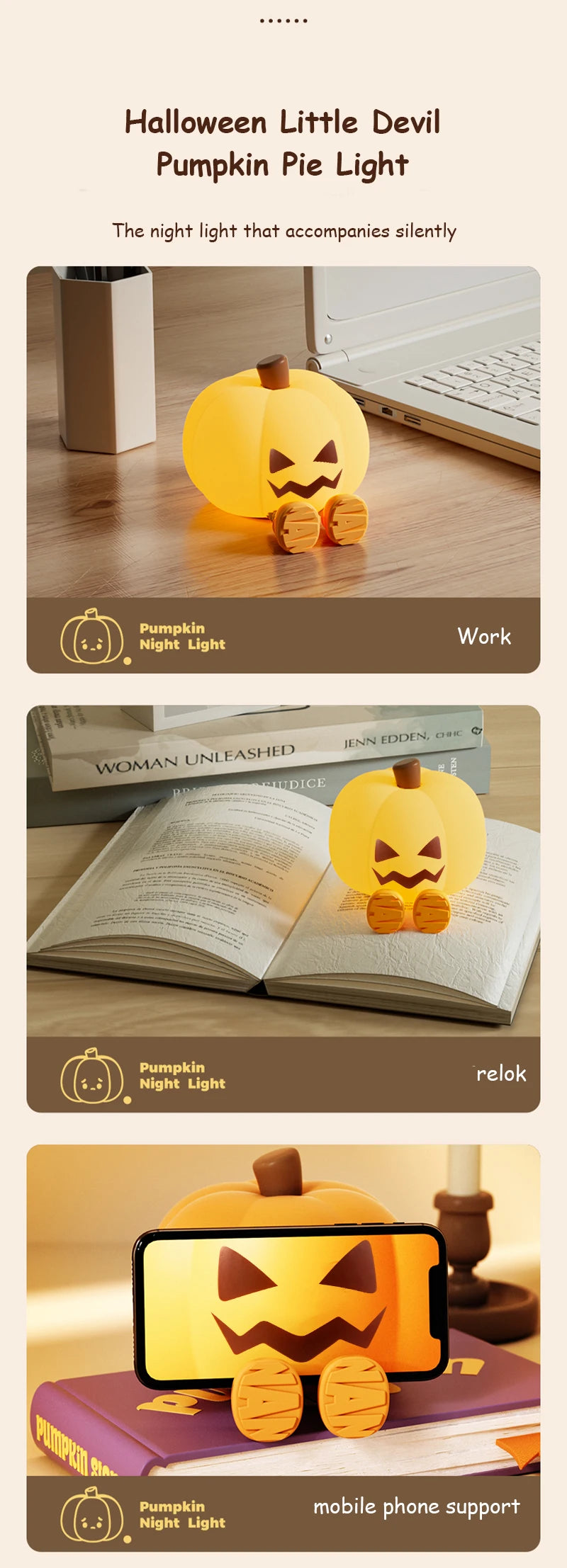 Halloween Pumpkin Night Light, Halloween Decorations Outdoor,Mini LED Pumpkin Lamp with 3 Level Dimmable, Nursery Nightlight for Kids, Silicone Rechargeable Bedside Touch Lamp, for Kids