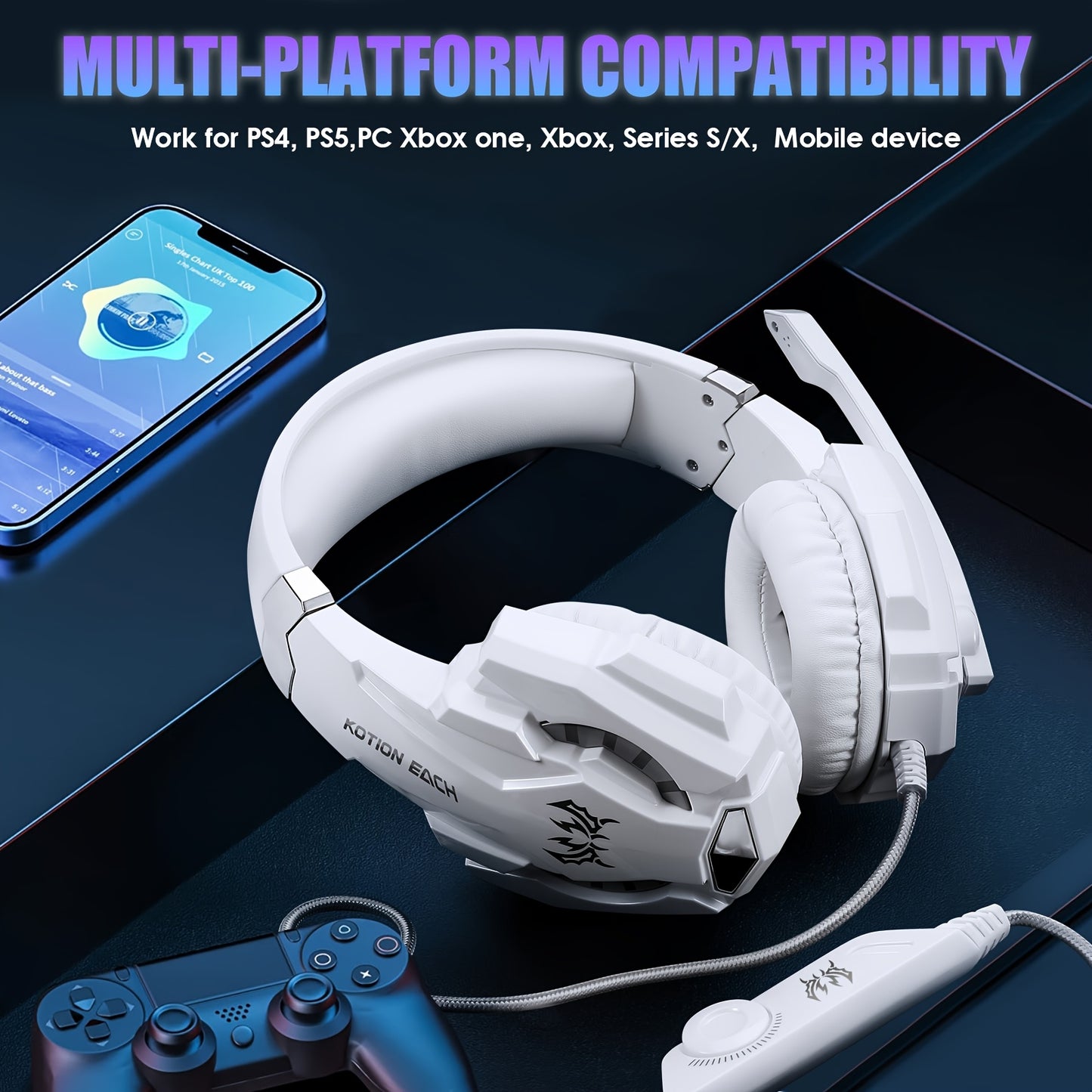 Over-Ear Gaming Headset with Noise-Canceling Mic, LED Lights & Soft Memory Foam Earmuffs - Surround Stereo Sound for PS5/PS4/Xbox One/Switch/PC Mac - Black & Blue Design, Gaming Headphones