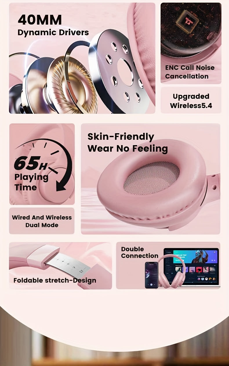 Wireless Over-Ear Headphones, 5.4 Wireless, HD Sound, ENC Noise Cancelling, Deep Bass, Extra Long Battery Life, Soft Earmuffs, Portable & Adjustable Design for Outdoor Sports, Commuting, Tablet Compatible, Immersive Audio gift, christmas,New year, Fall