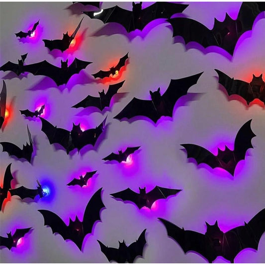 3D Bat Light Design LED Decorations 24pcs Set Spooky Ornaments for Home Party Festival Halloween Easy Install Wall Stickers Smooth Application - Decorative
